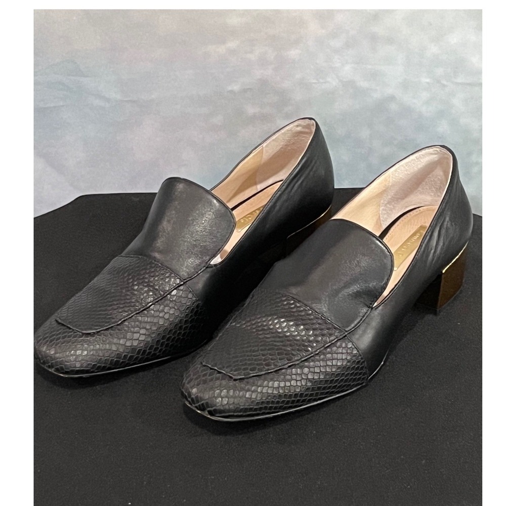 Louise et Cie Lo-Lavey Black Leather Snakeskin Gold Block Heel Loafers‎ 7.5M 38